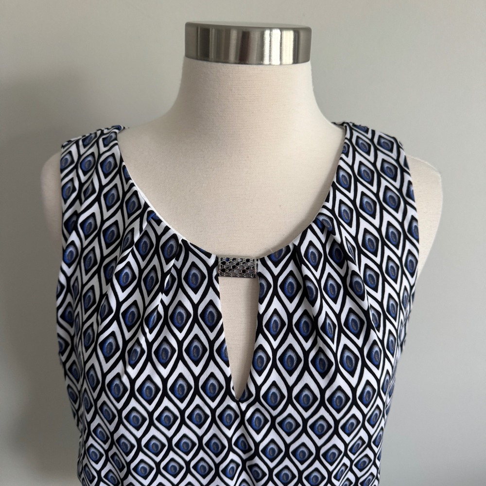 White House Black Market Blue Geometric Print Ruched V-Neck Blouse Large - Picture 2 of 6
